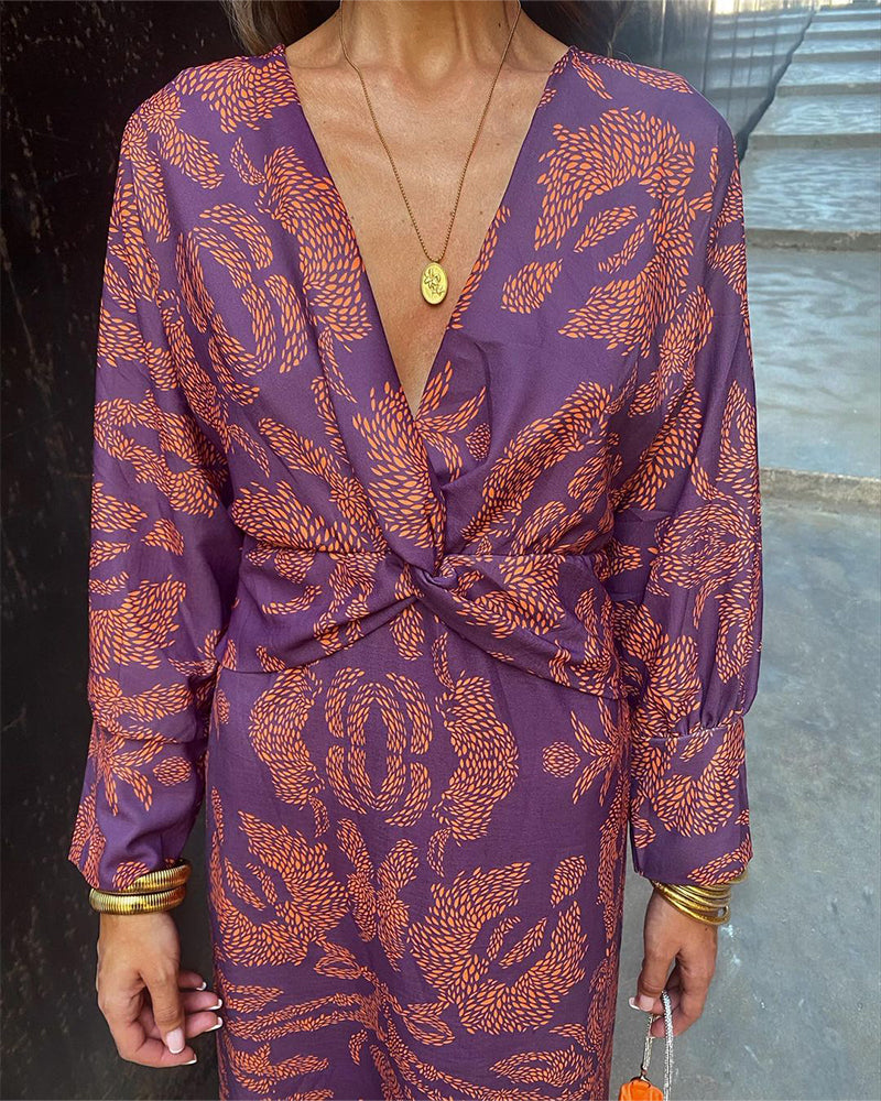 Knotted Plunging Printed Midi Dress