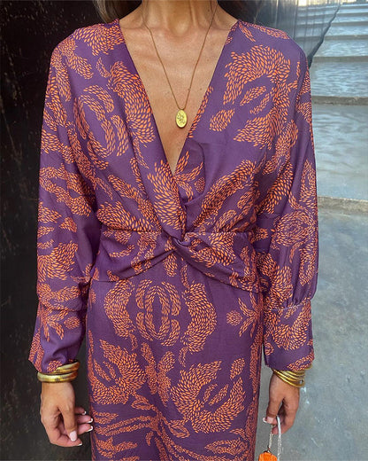 Knotted Plunging Printed Midi Dress