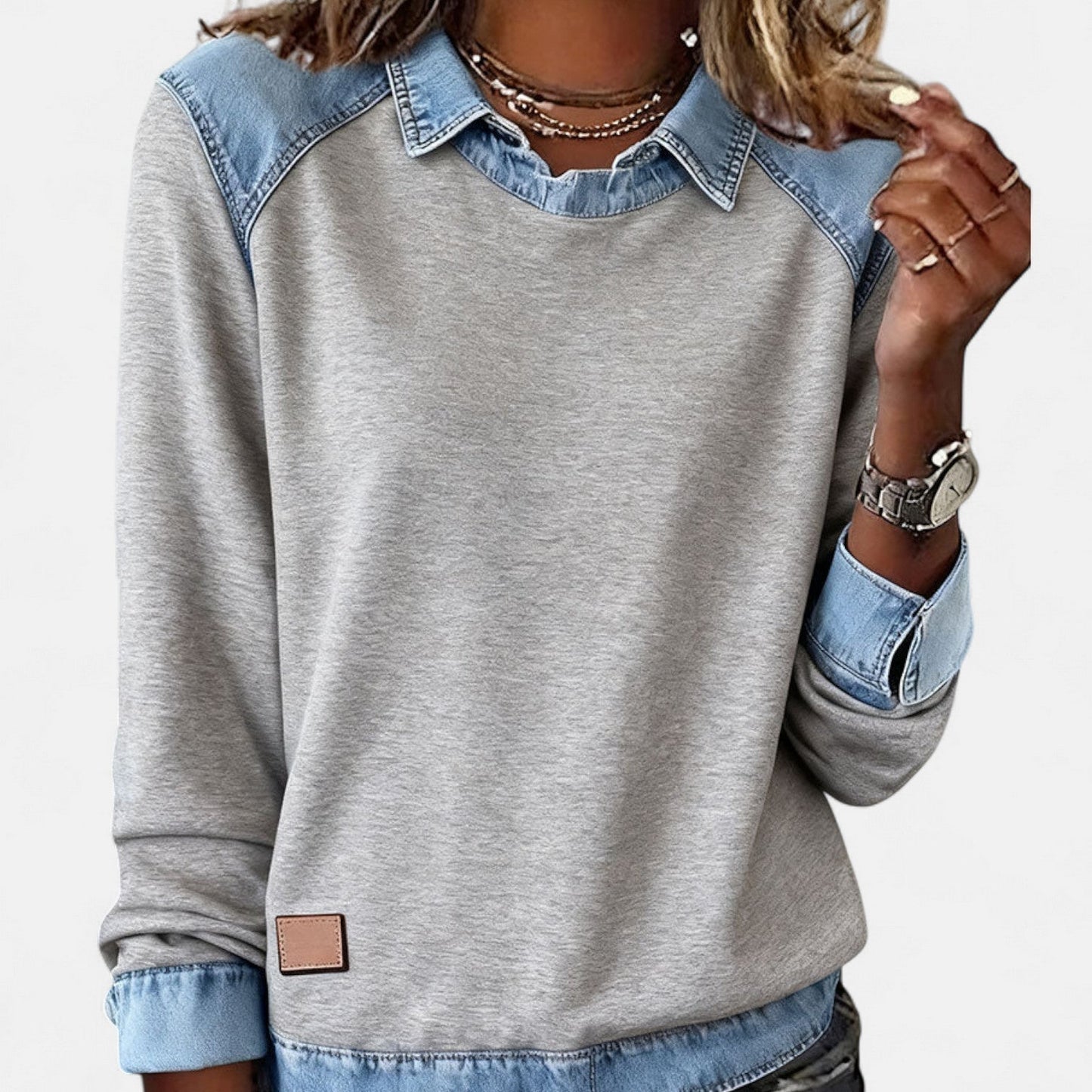 Women's Point Collar Long Sleeve Colorblock Sweatshirt