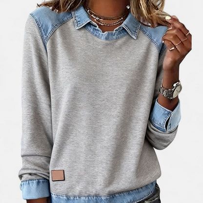 Women's Point Collar Long Sleeve Colorblock Sweatshirt