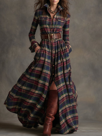 Collared Long Sleeved Plaid Pocketed Maxi Dress