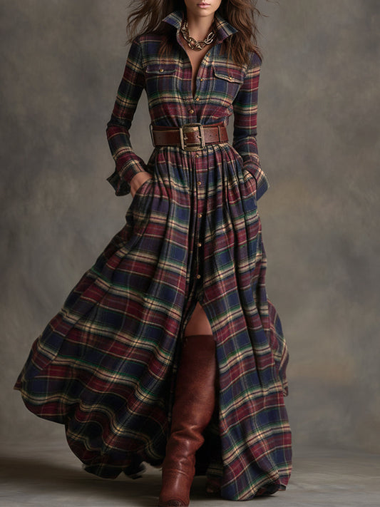 Collared Long Sleeved Plaid Pocketed Maxi Dress