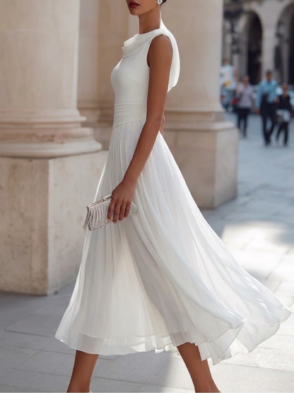 Draped Neck Sleeveless Pleated Midi Dress
