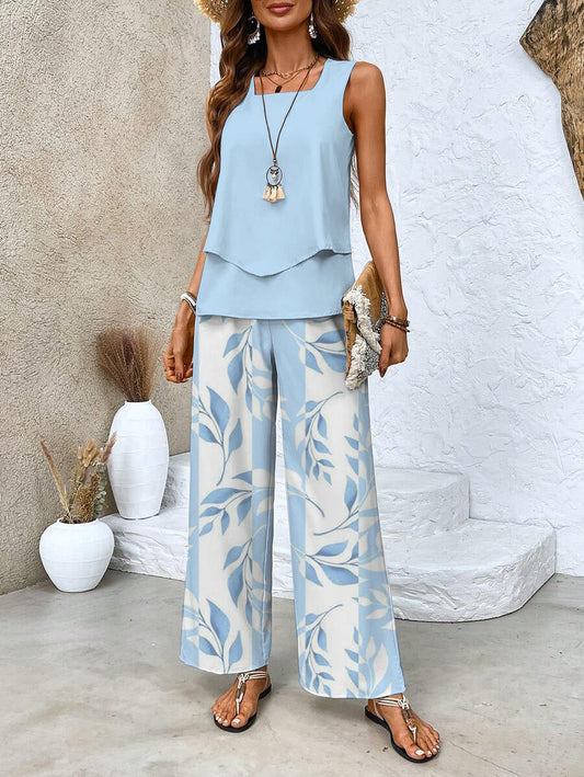 Square Neck Sleeveless Top Layered Wide Leg Trouser Set