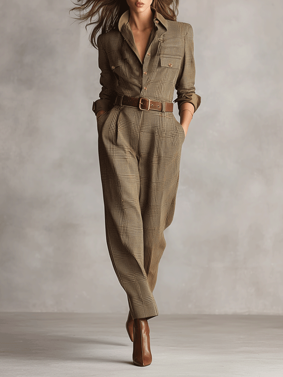 Plaid Collar Button Long Sleeve Pocketed Jumpsuit