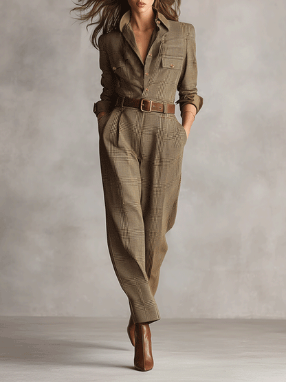 Plaid Collar Button Long Sleeve Pocketed Jumpsuit