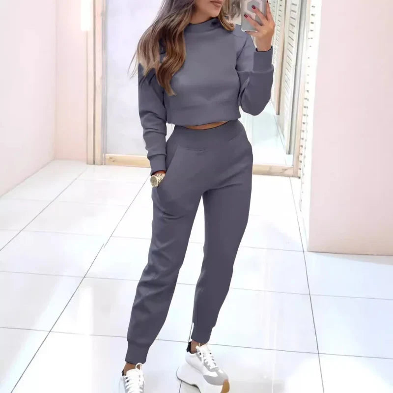 Crew Neck Long Sleeve Cropped Cardigan Sweater Set For Women