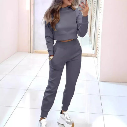 Crew Neck Long Sleeve Cropped Cardigan Sweater Set For Women