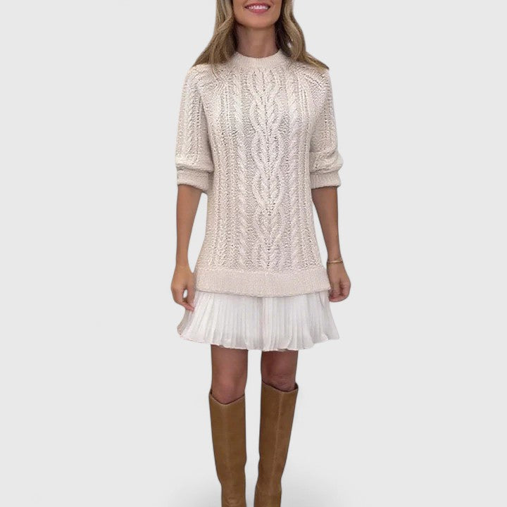 Crew Neck Long Sleeve Cable Knit Mini Sweater Dress