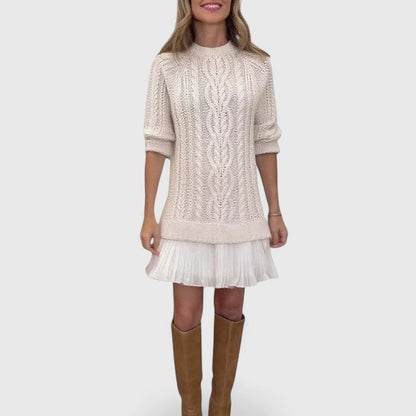 Crew Neck Long Sleeve Cable Knit Mini Sweater Dress