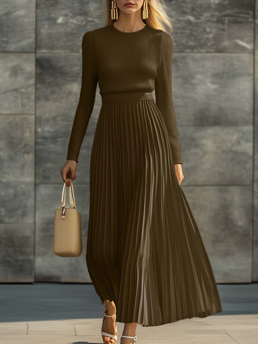 Long Round Neck Knitted Pleated Maxi Dress