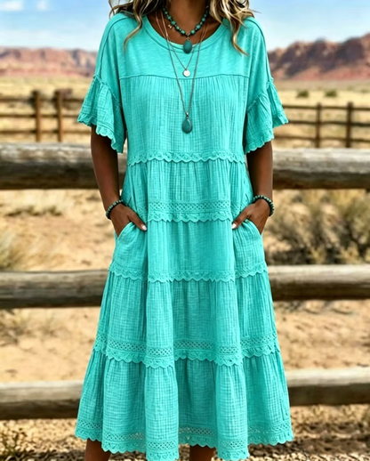 Tiered Scalloped Gathered Pocketed Flared Textured Dress
