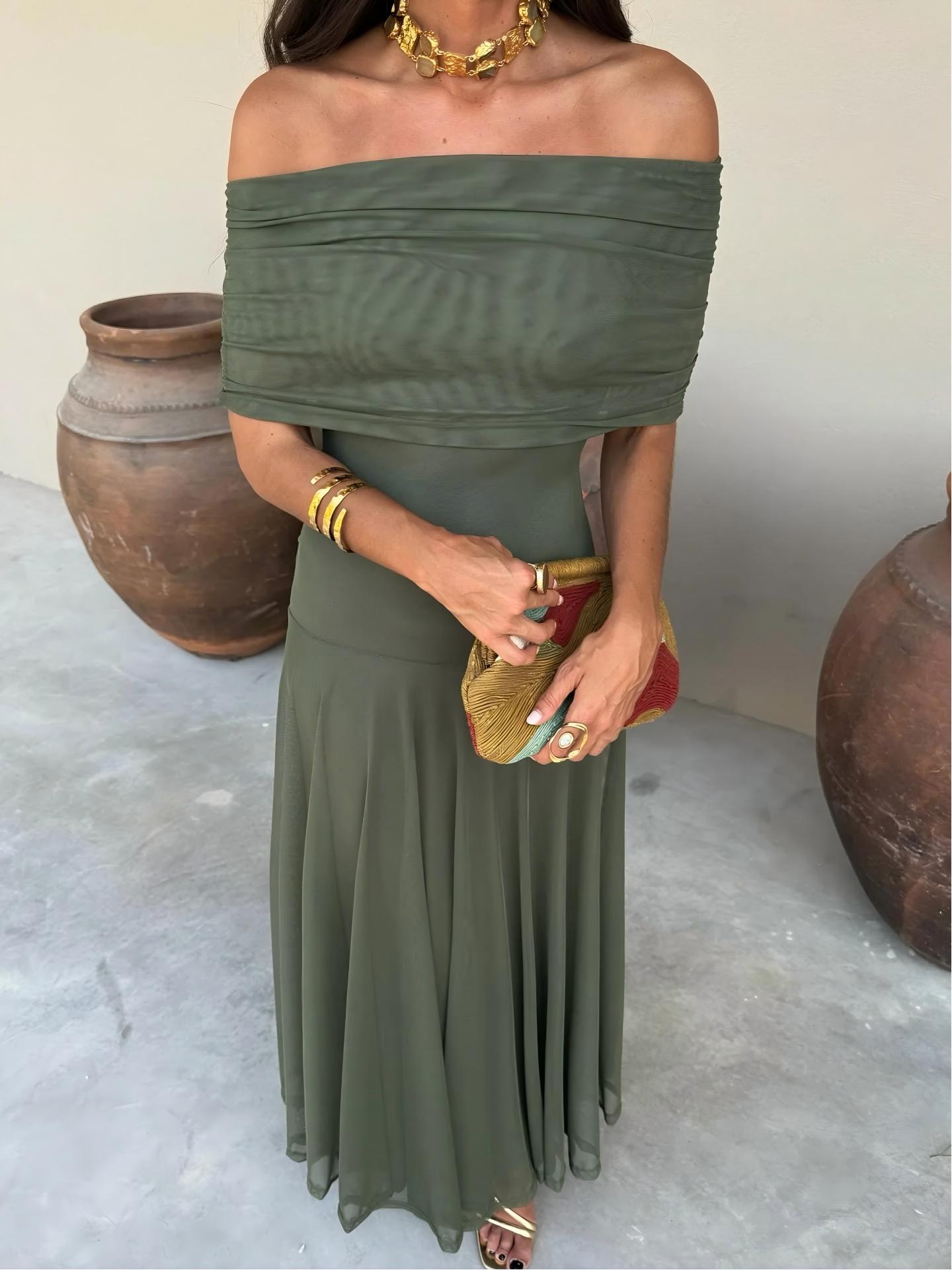 Off Shoulder Ruched Foldover Maxi Dress