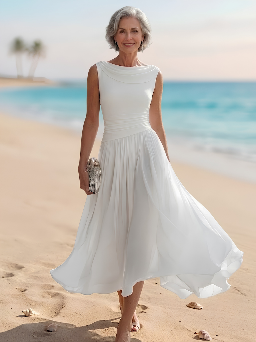 Draped Neck Sleeveless Pleated A-Line Wedding Guest Midi Dress