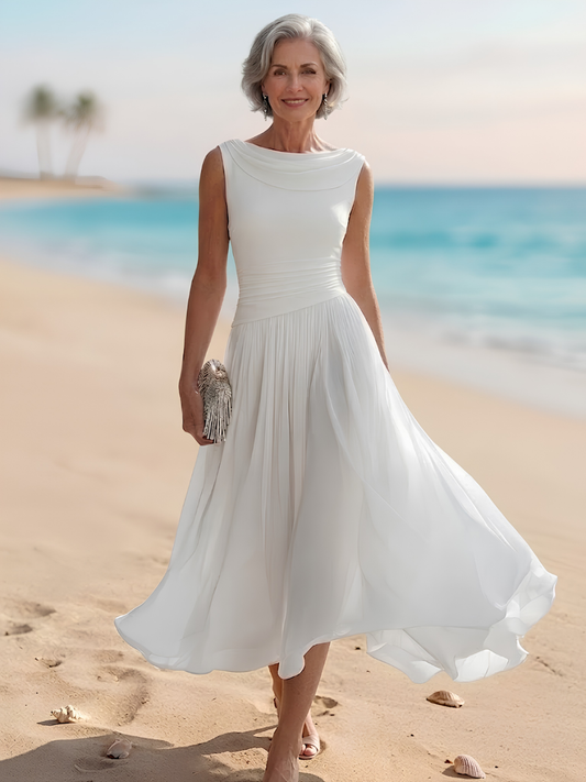 Draped Neck Sleeveless Pleated A-Line Wedding Guest Midi Dress