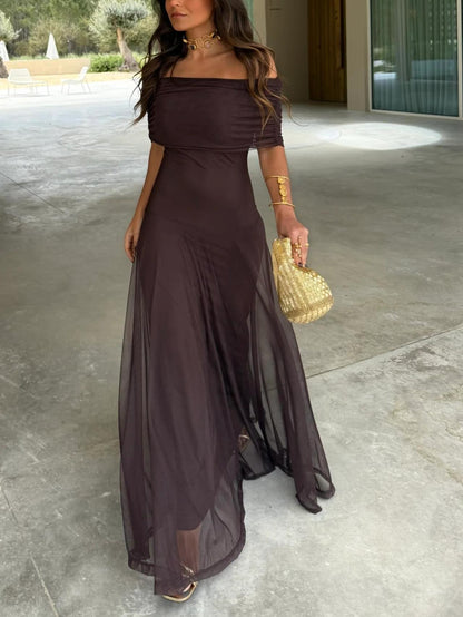 Off Shoulder Ruched Foldover Maxi Dress