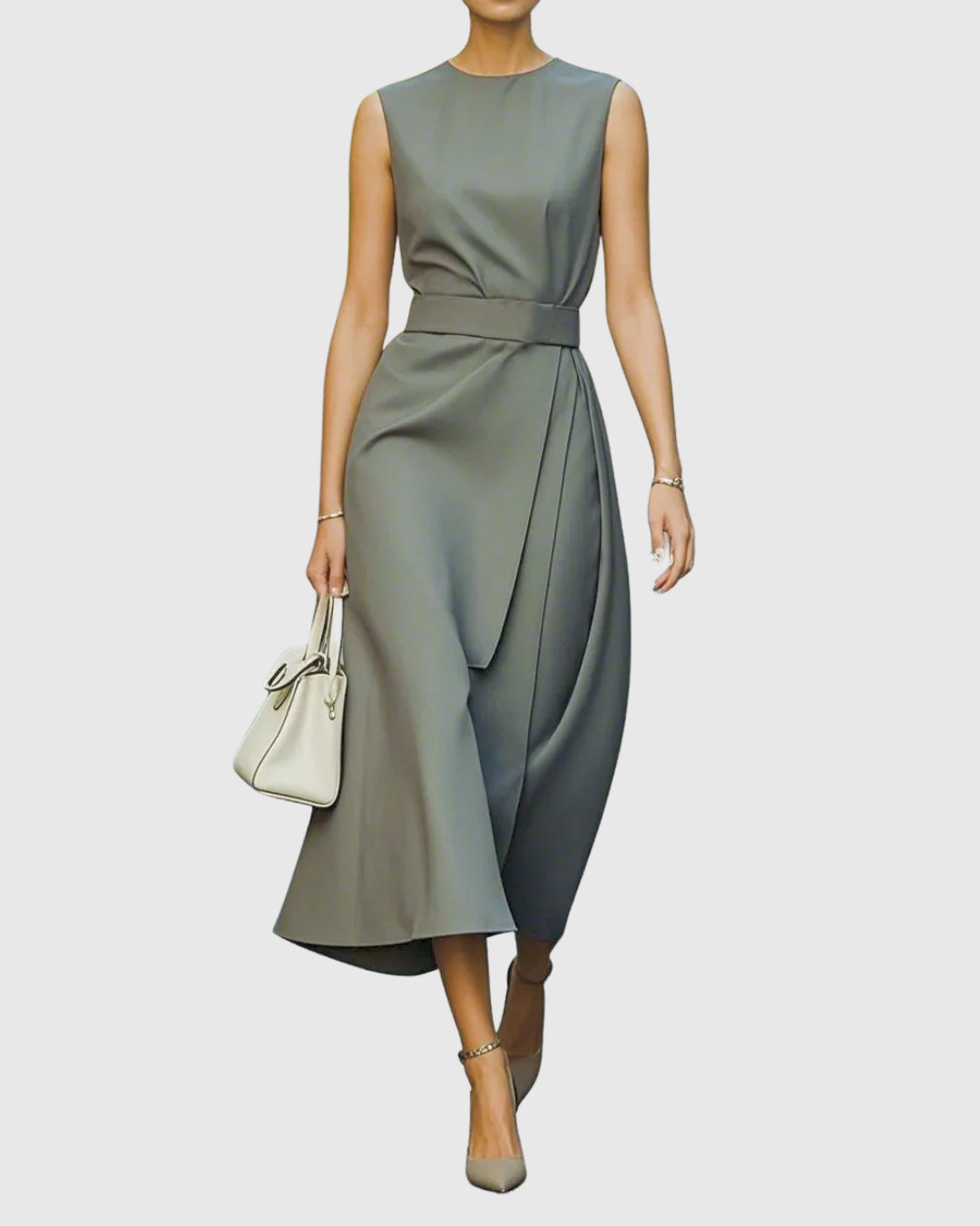Plain Fitted Sleeveless Cinched Overlaid Flared Dress