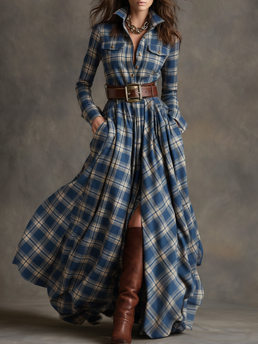 Collared Long Sleeved Plaid Pocketed Maxi Dress