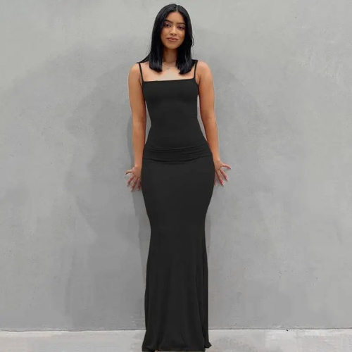 Square Neck Spaghetti Strap Fitted Maxi Dress