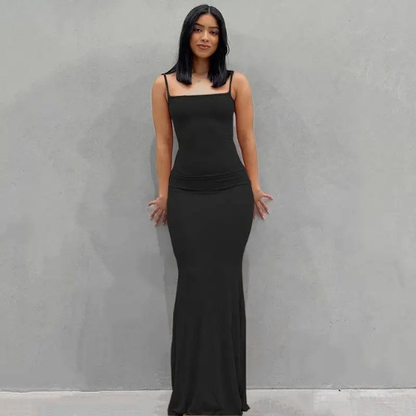 Square Neck Spaghetti Strap Fitted Maxi Dress