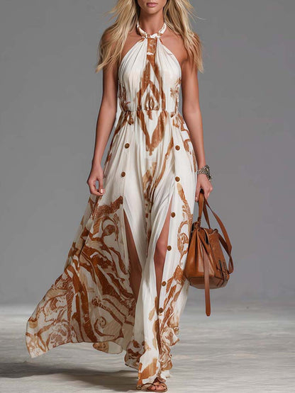 Halter Printed Sleeveless Buttoned Gathered Maxi Dress