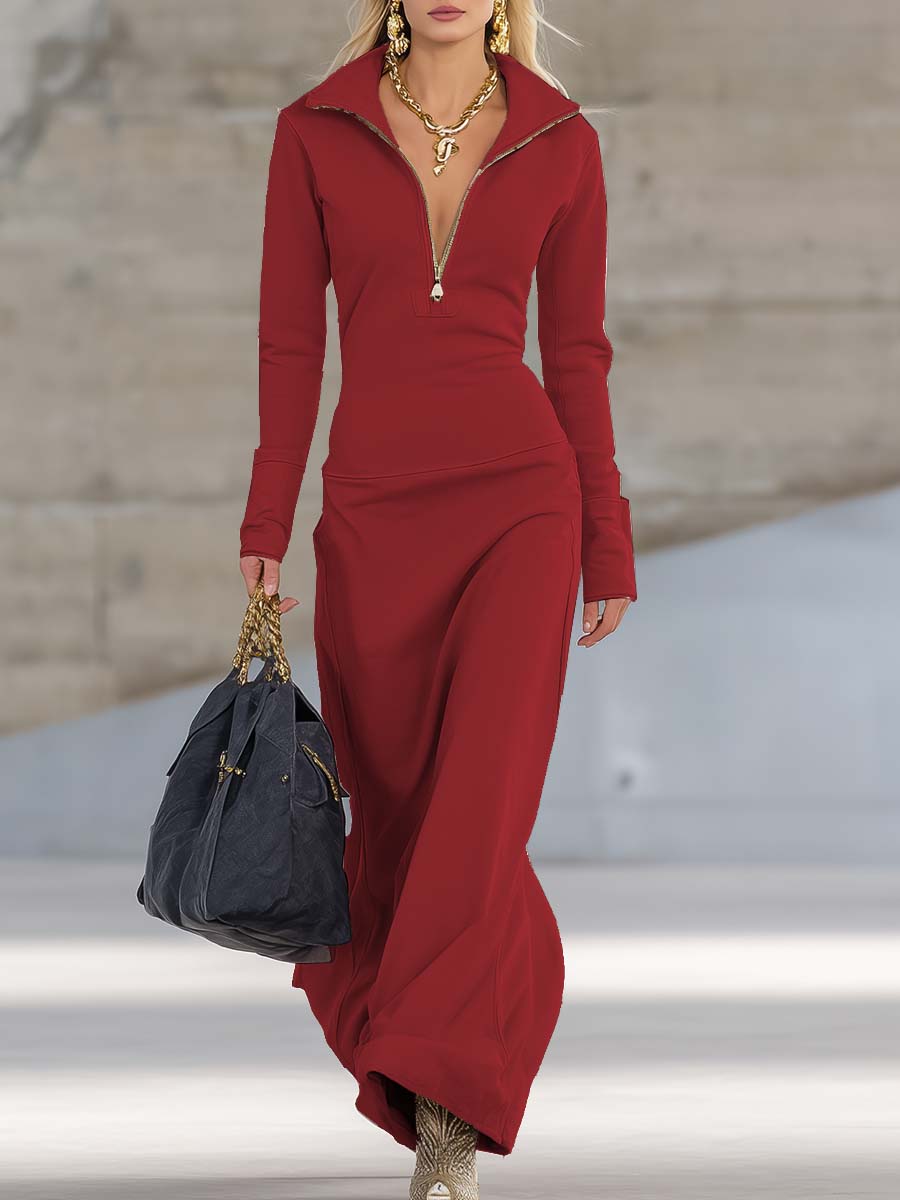 Zippered Collar Long Sleeved Maxi Fitted Dress