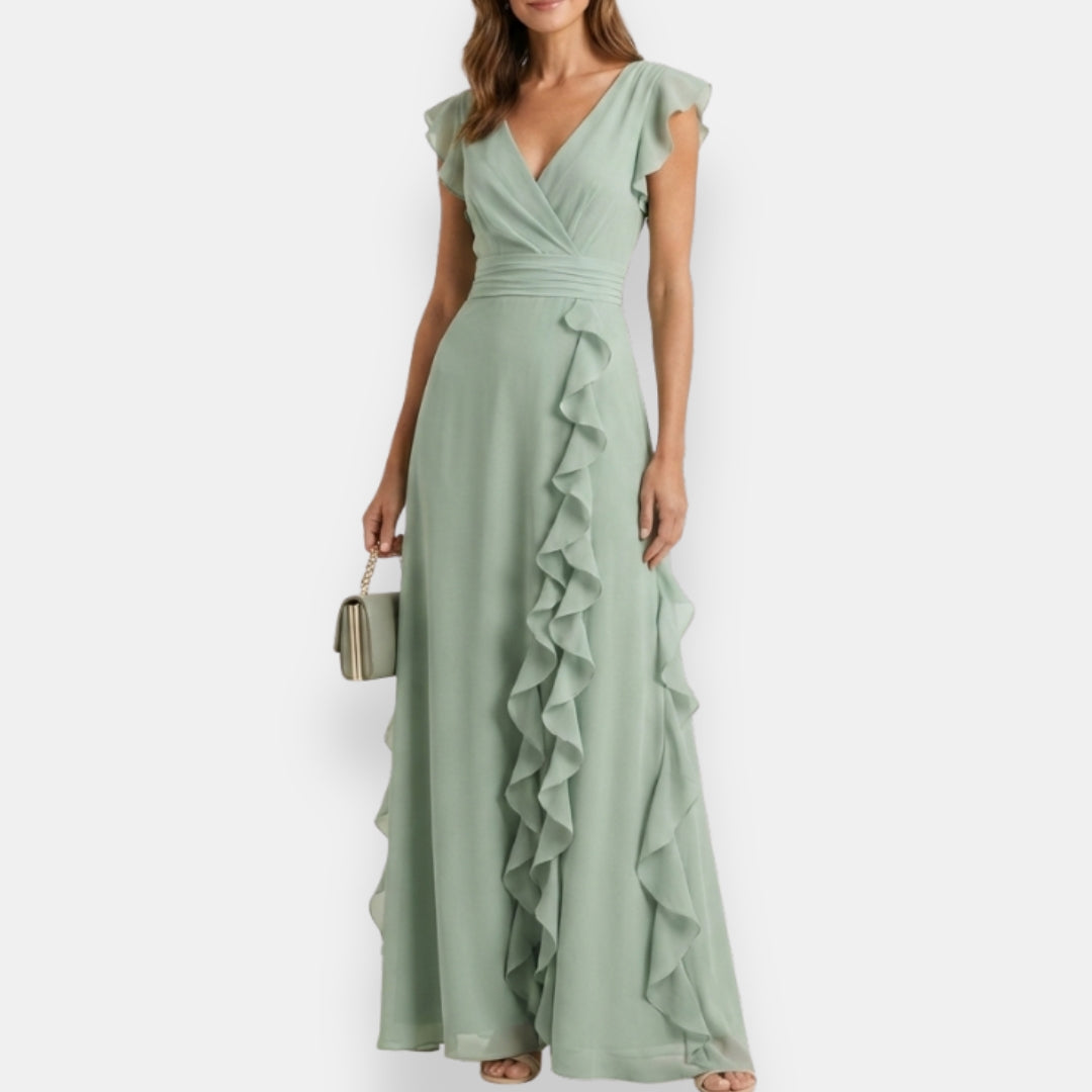 V Flutter Ruched Ruffled Maxi Dress