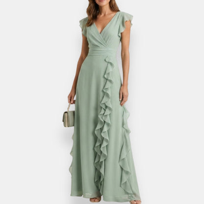 V Flutter Ruched Ruffled Maxi Dress