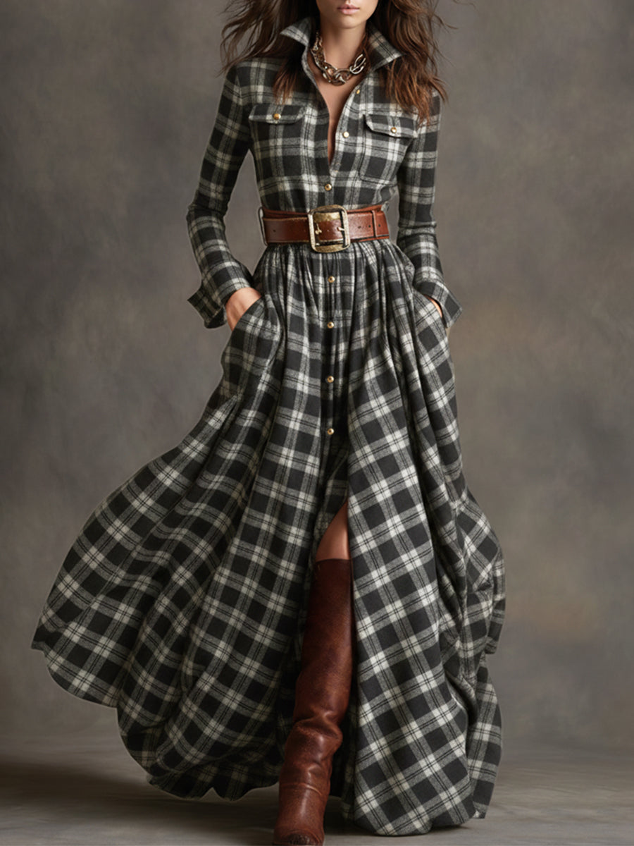 Collared Long Sleeved Plaid Pocketed Maxi Dress