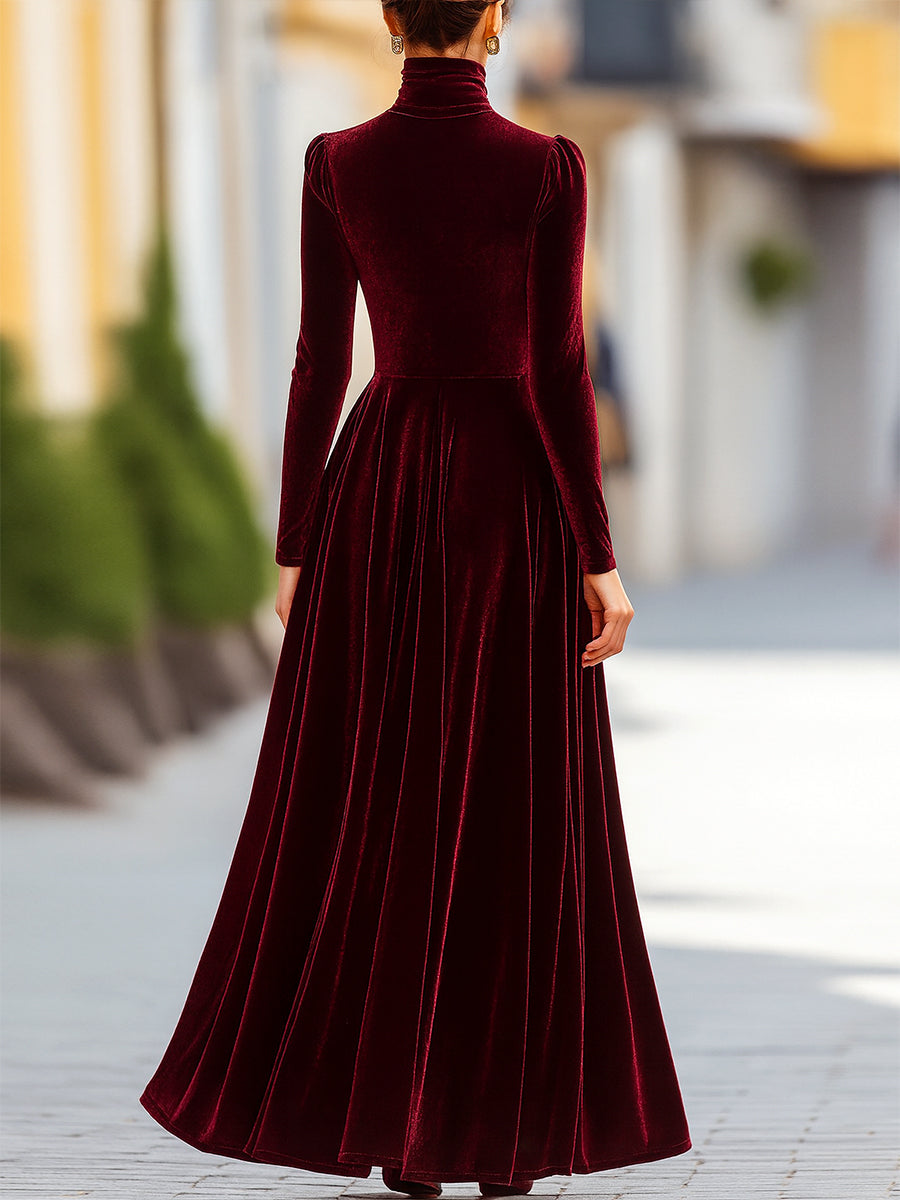 High Waist Pleated Mock Neck Longline Dress