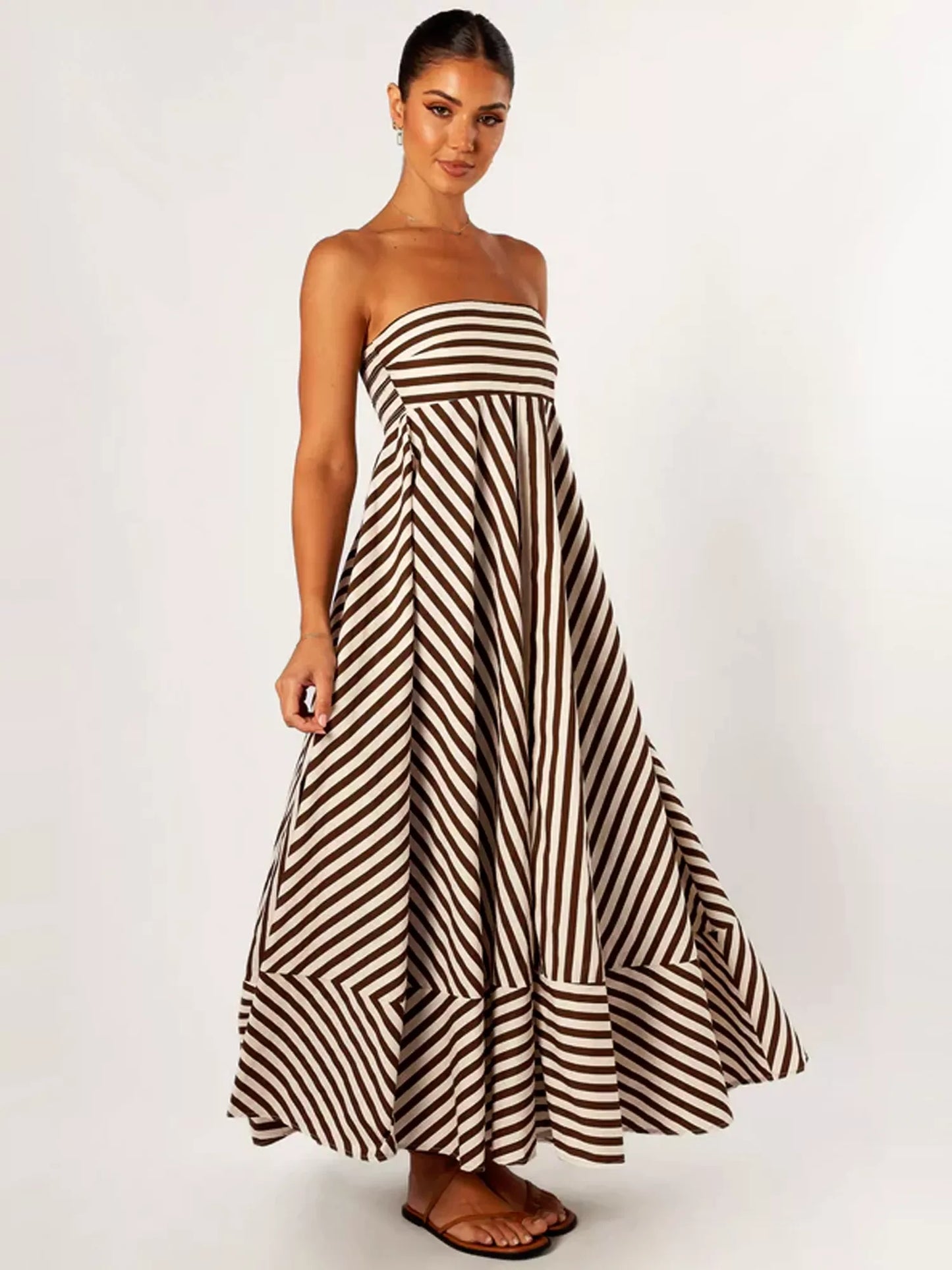 Strapless Diagonal Striped Flare Maxi Dress