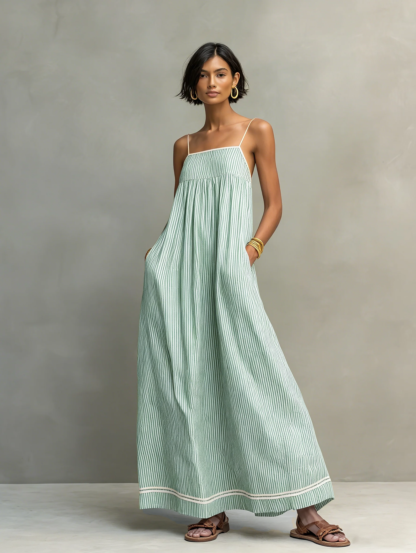 Striped Sleeveless Spaghetti Strap Gathered Maxi Dress