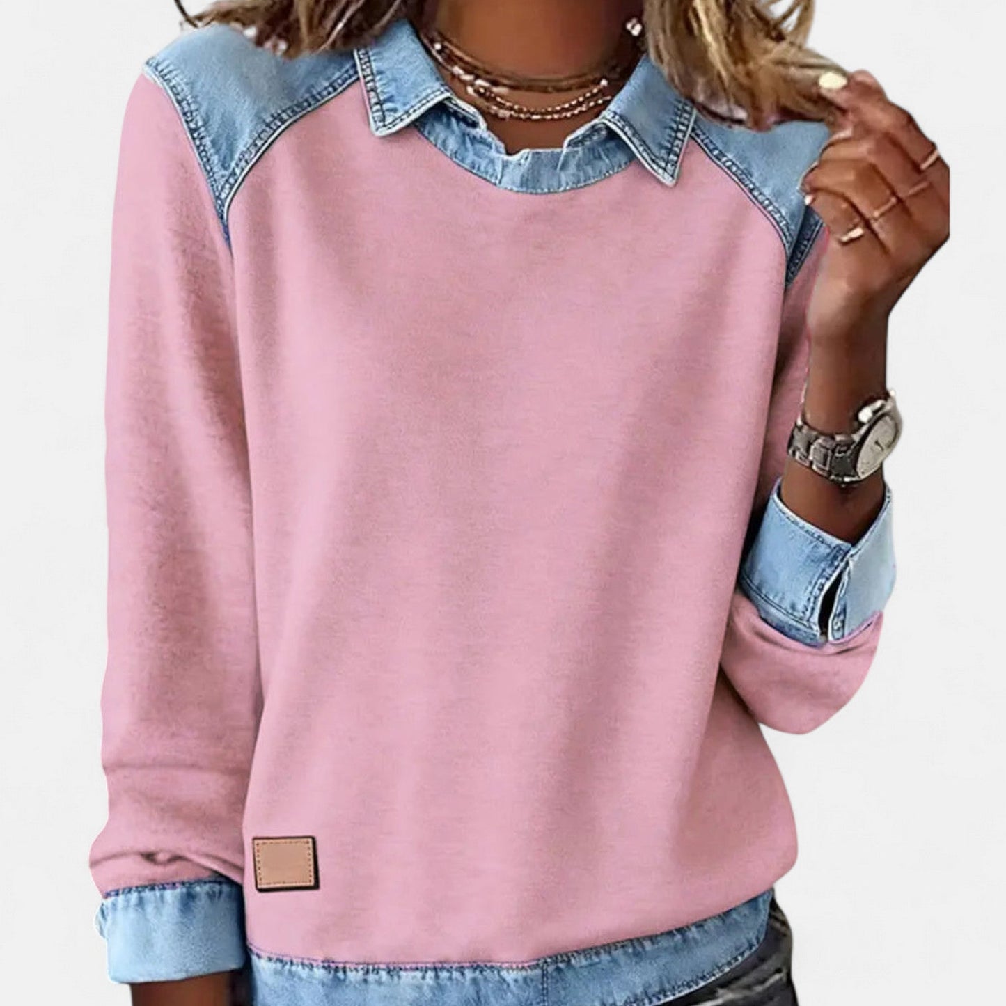 Women's Point Collar Long Sleeve Colorblock Sweatshirt