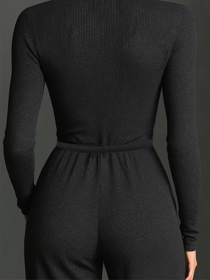 Zippered High Neck Long Sleeve Wide Leg Jumpsuit