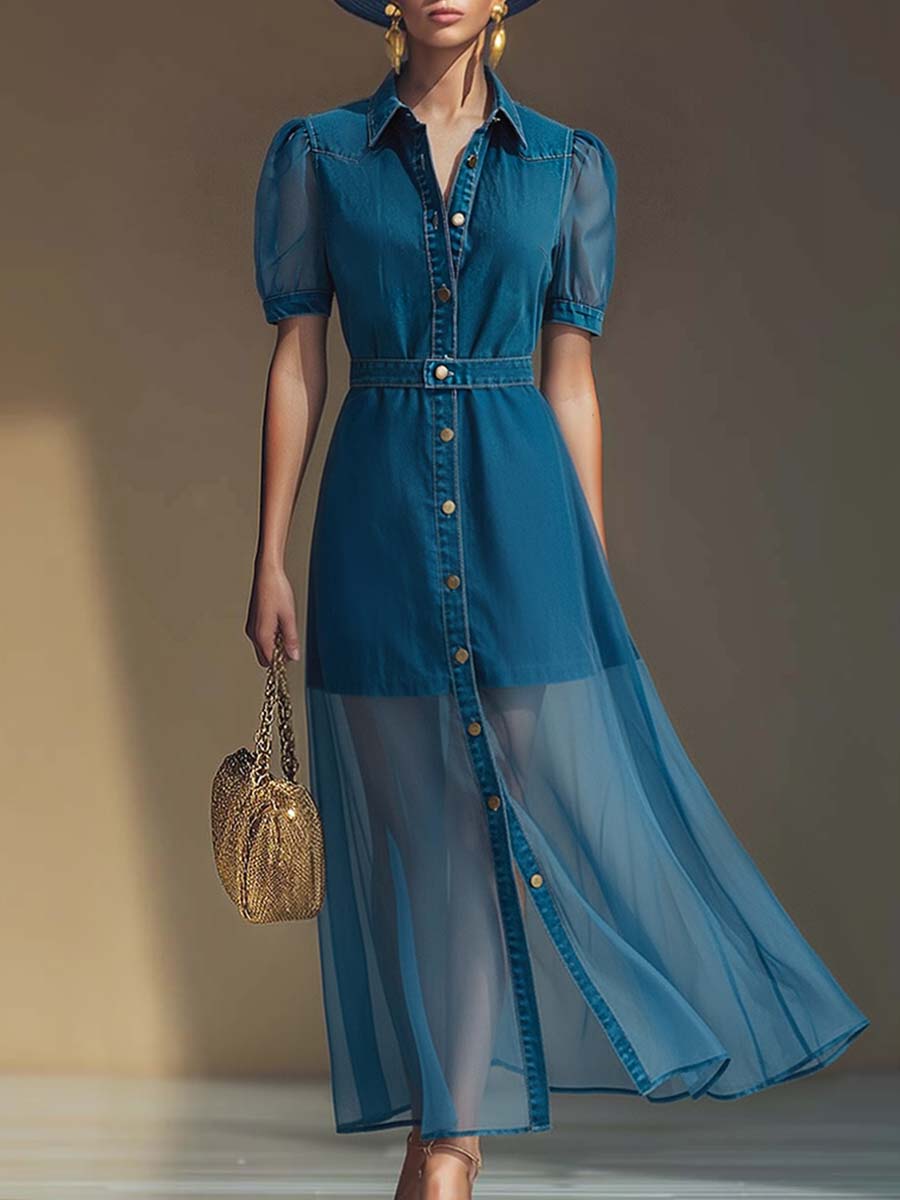 Collared Belted Buttoned Flared Maxi Dress