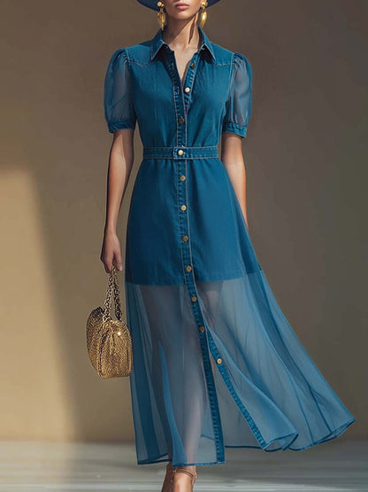 Collared Belted Buttoned Flared Maxi Dress