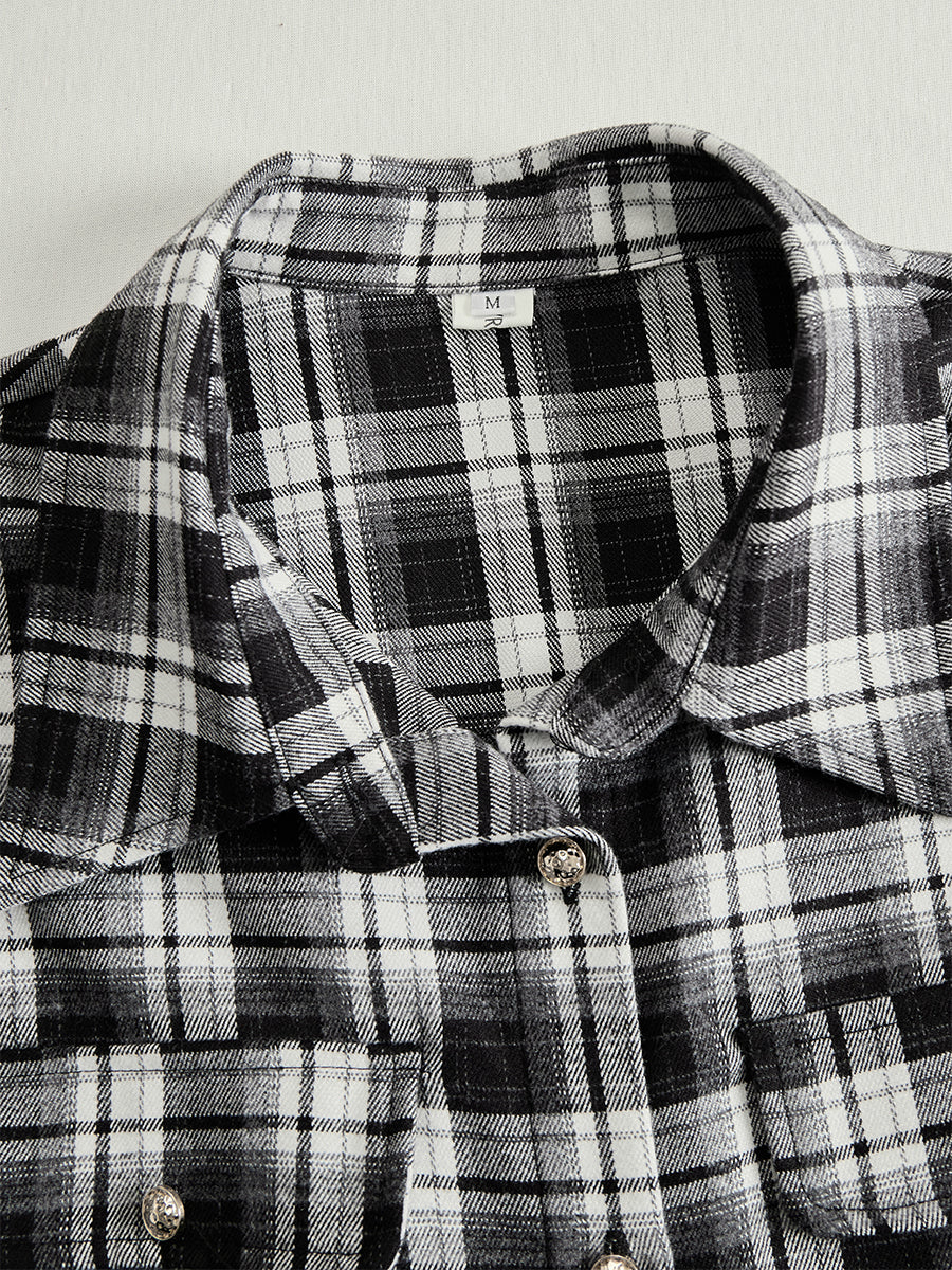 Collared Long Sleeved Plaid Pocketed Maxi Dress