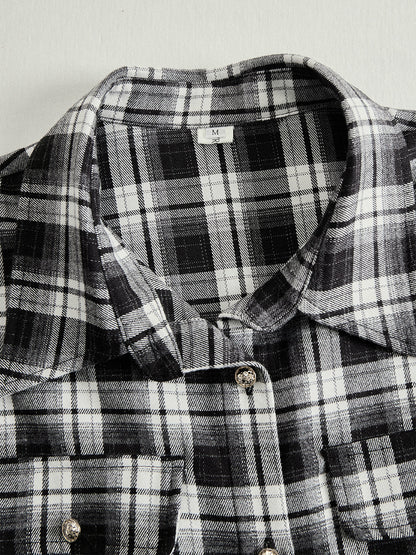 Collared Long Sleeved Plaid Pocketed Maxi Dress