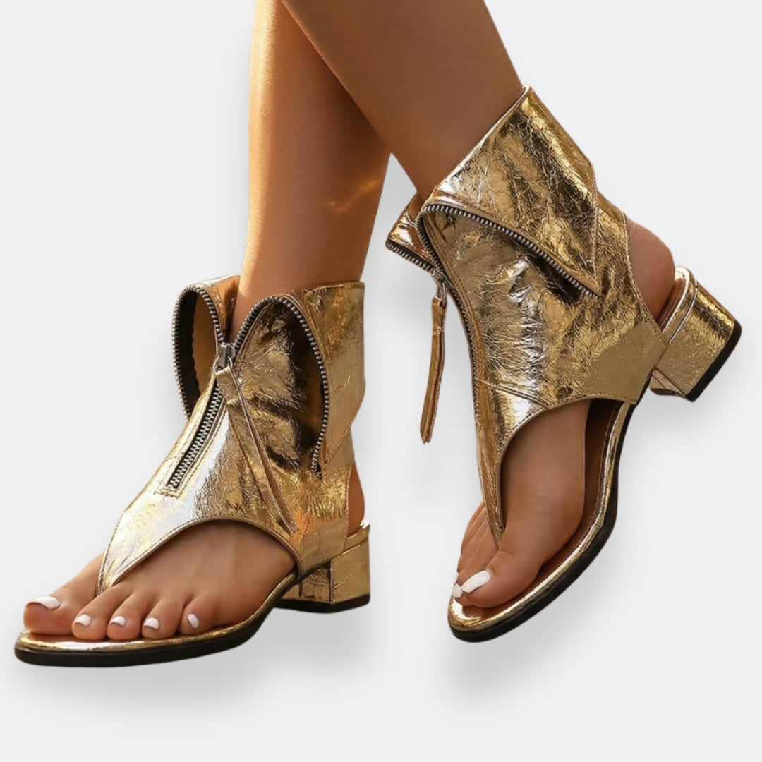 Zippered Open Low High Flared Cutout Sandals