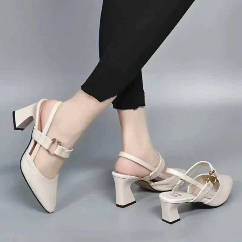 Pointy Toe Textured Flaired Heel Slingback Pumps