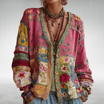 Women's V-Neck Long Sleeve Floral Cropped Cardigan with Pockets