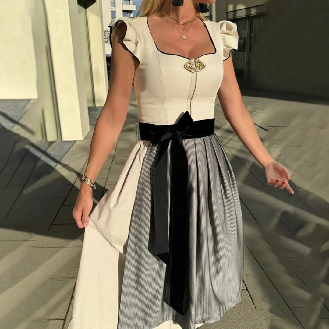 Women's Square Neck Ruffle Sleeve Striped Midi Dirndl Dress