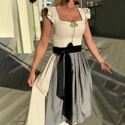 Women's Square Neck Ruffle Sleeve Striped Midi Dirndl Dress