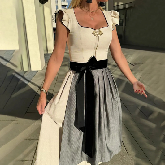 Women's Square Neck Ruffle Sleeve Striped Midi Dirndl Dress