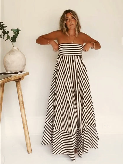 Strapless Diagonal Striped Flare Maxi Dress