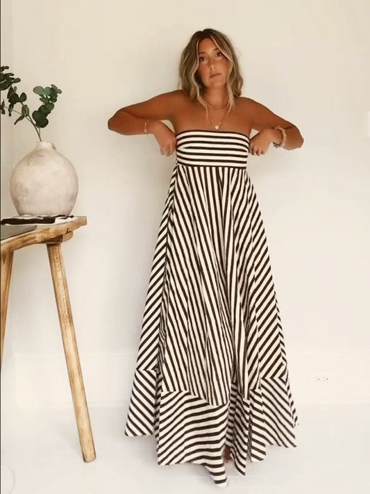 Strapless Diagonal Striped Flare Maxi Dress
