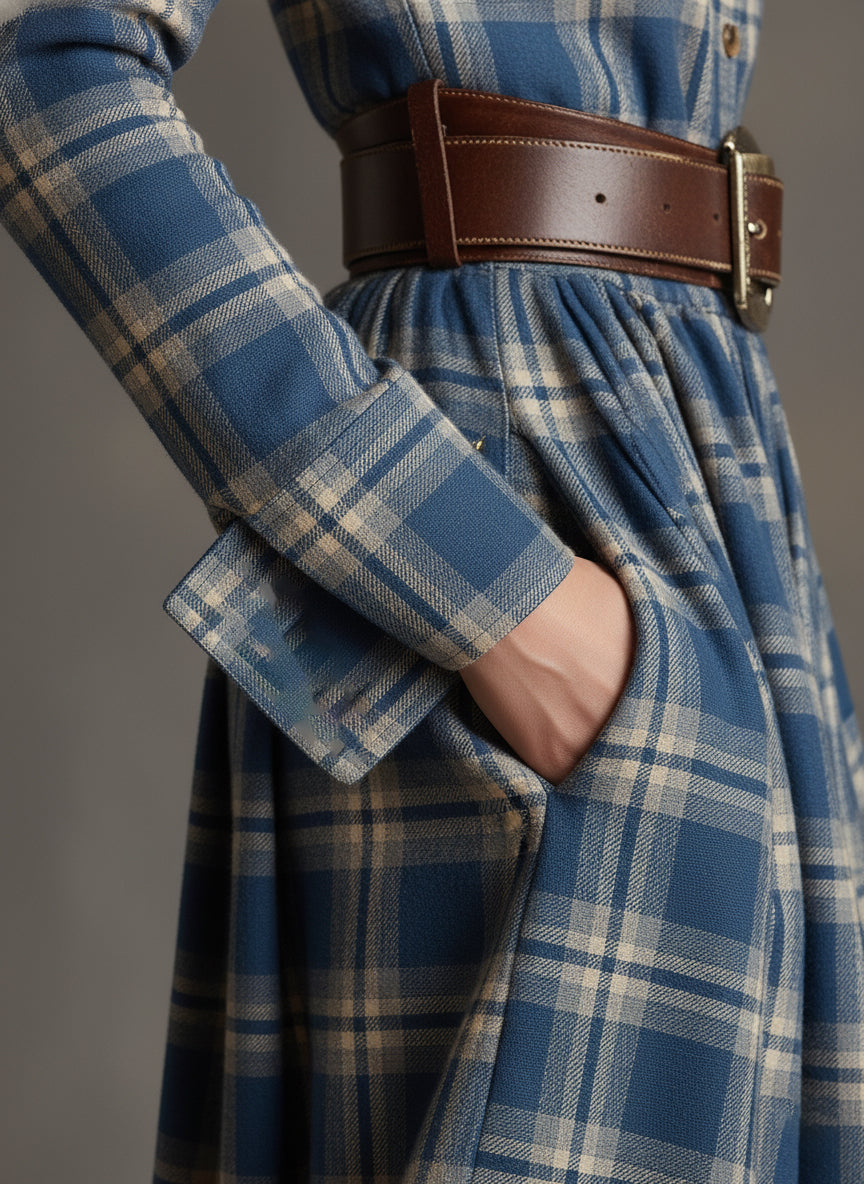 Collared Long Sleeved Plaid Pocketed Maxi Dress