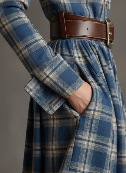 Collared Long Sleeved Plaid Pocketed Maxi Dress