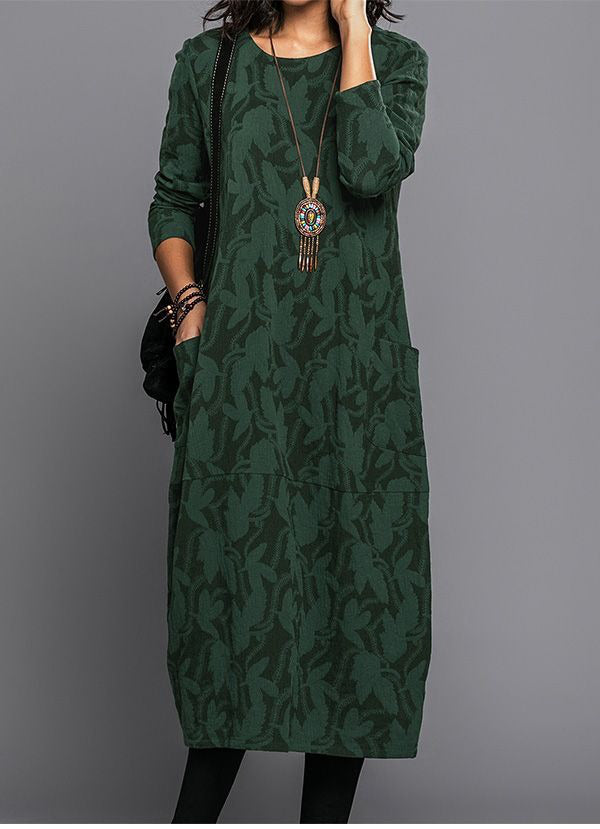 Loose Round Patterned Long Pocketed Straight Dress