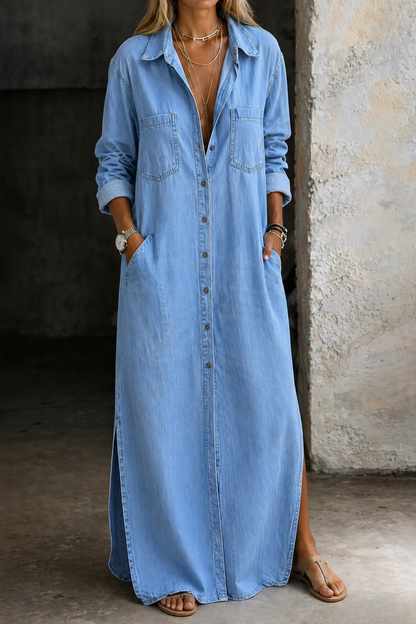 Button Down Collared Longline Pocketed Dress